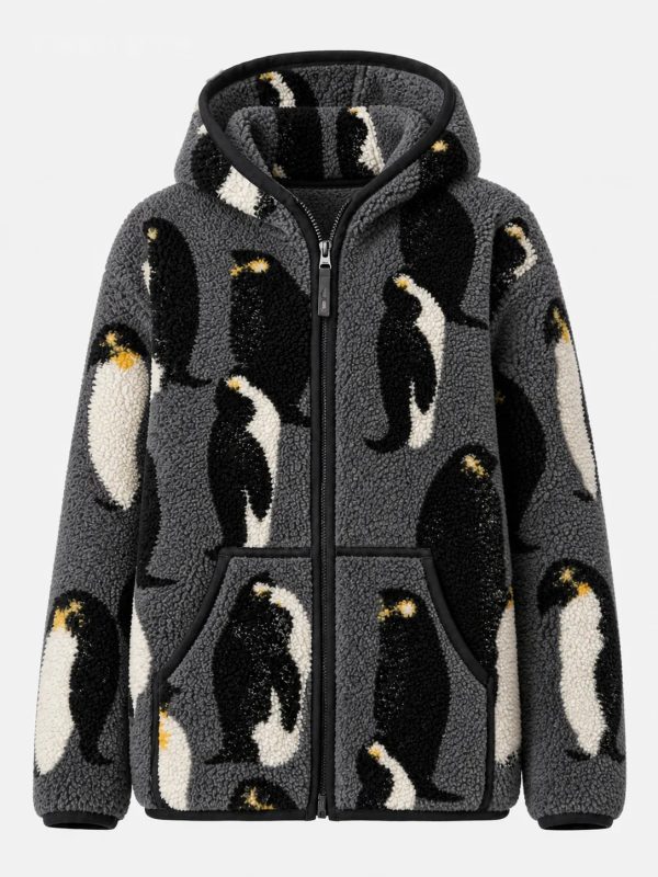 Chaqueta polar con capucha estampado abstracto carbón