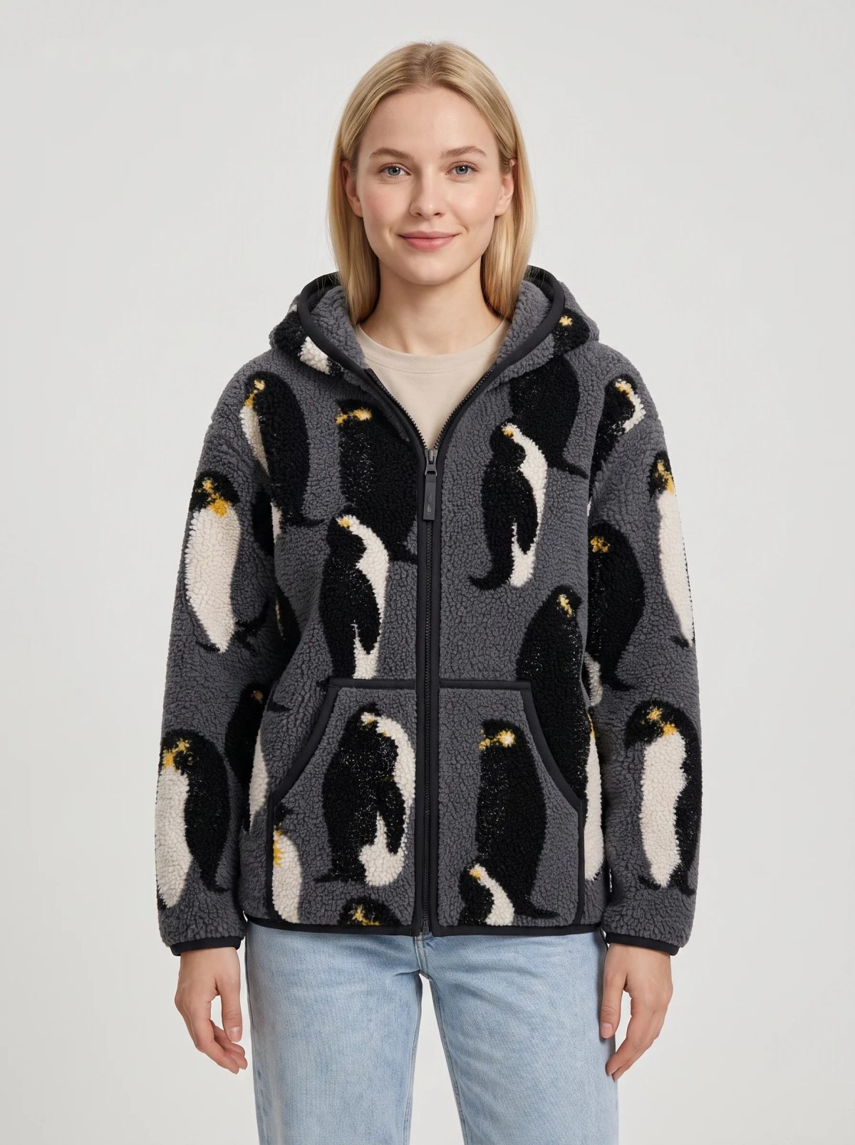 Charcoal Abstract Hooded Fleece Jacket, image 2