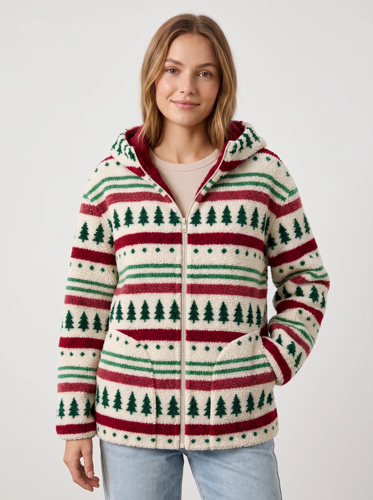 Chaqueta polar con capucha estampado de abetos, imagen 2