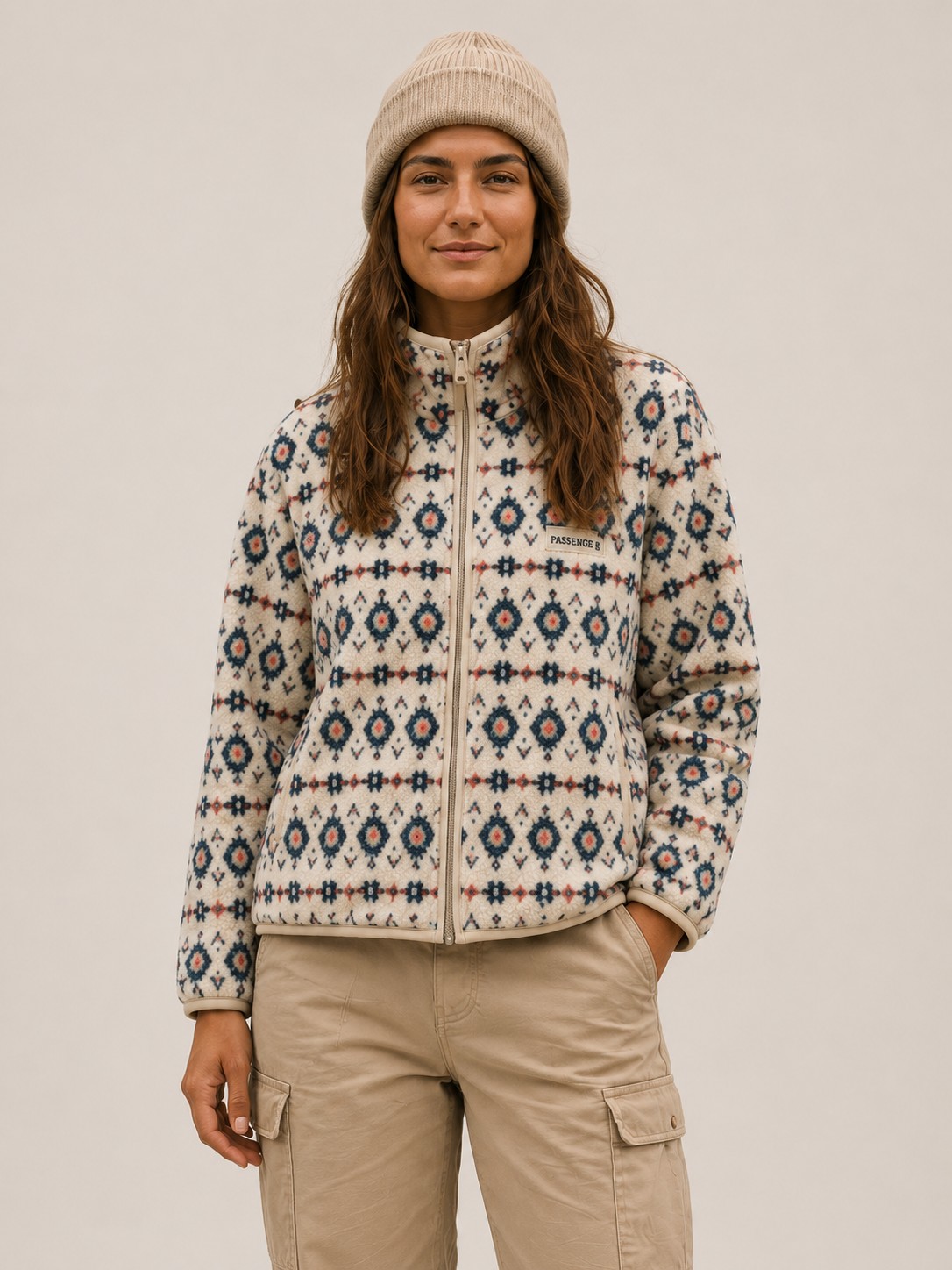 Chaqueta polar de cuadrícula albaricoque y azul claro, imagen 5
