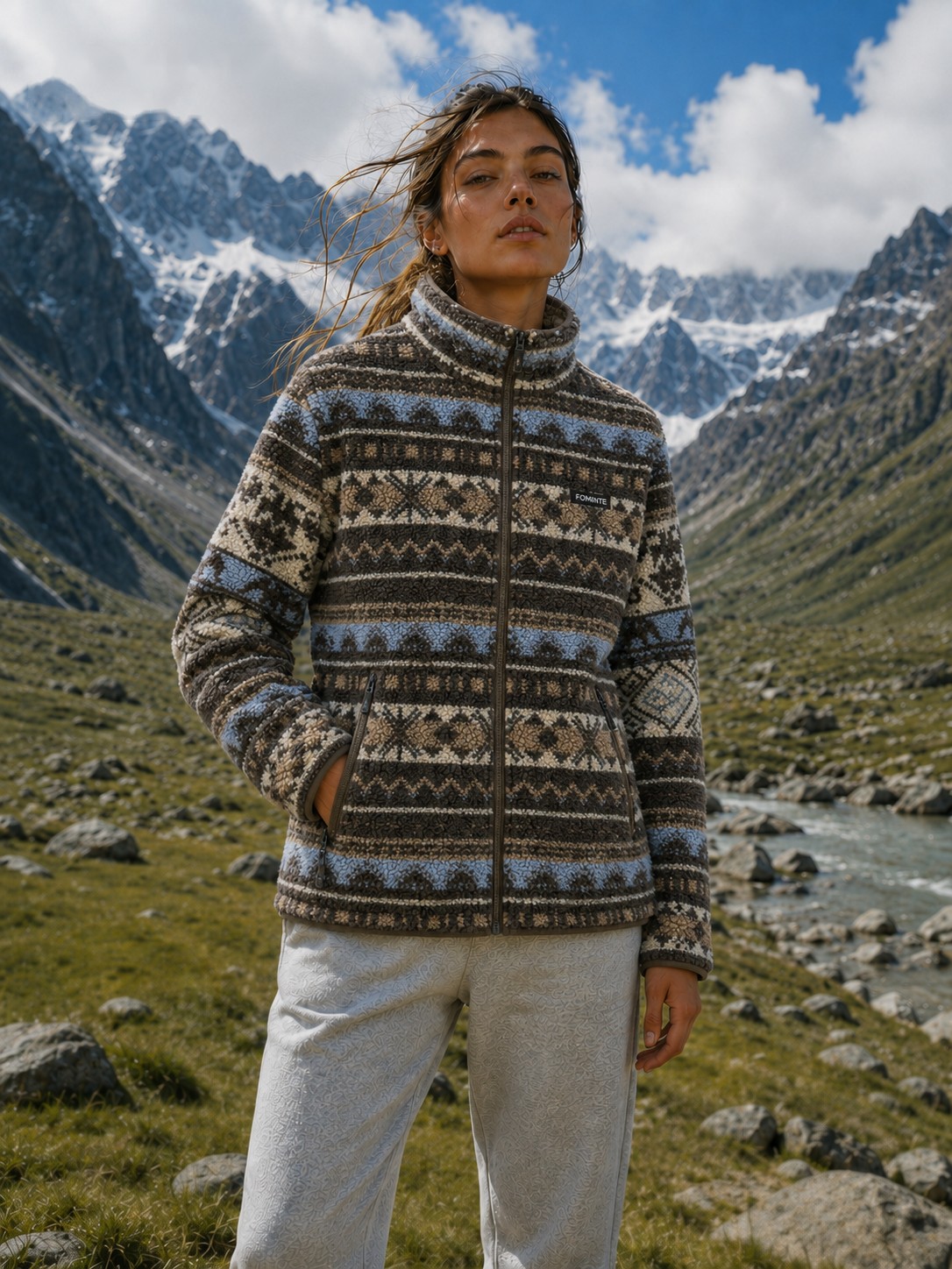 Chaqueta polar estampado nórdico marrón y azul, imagen 2