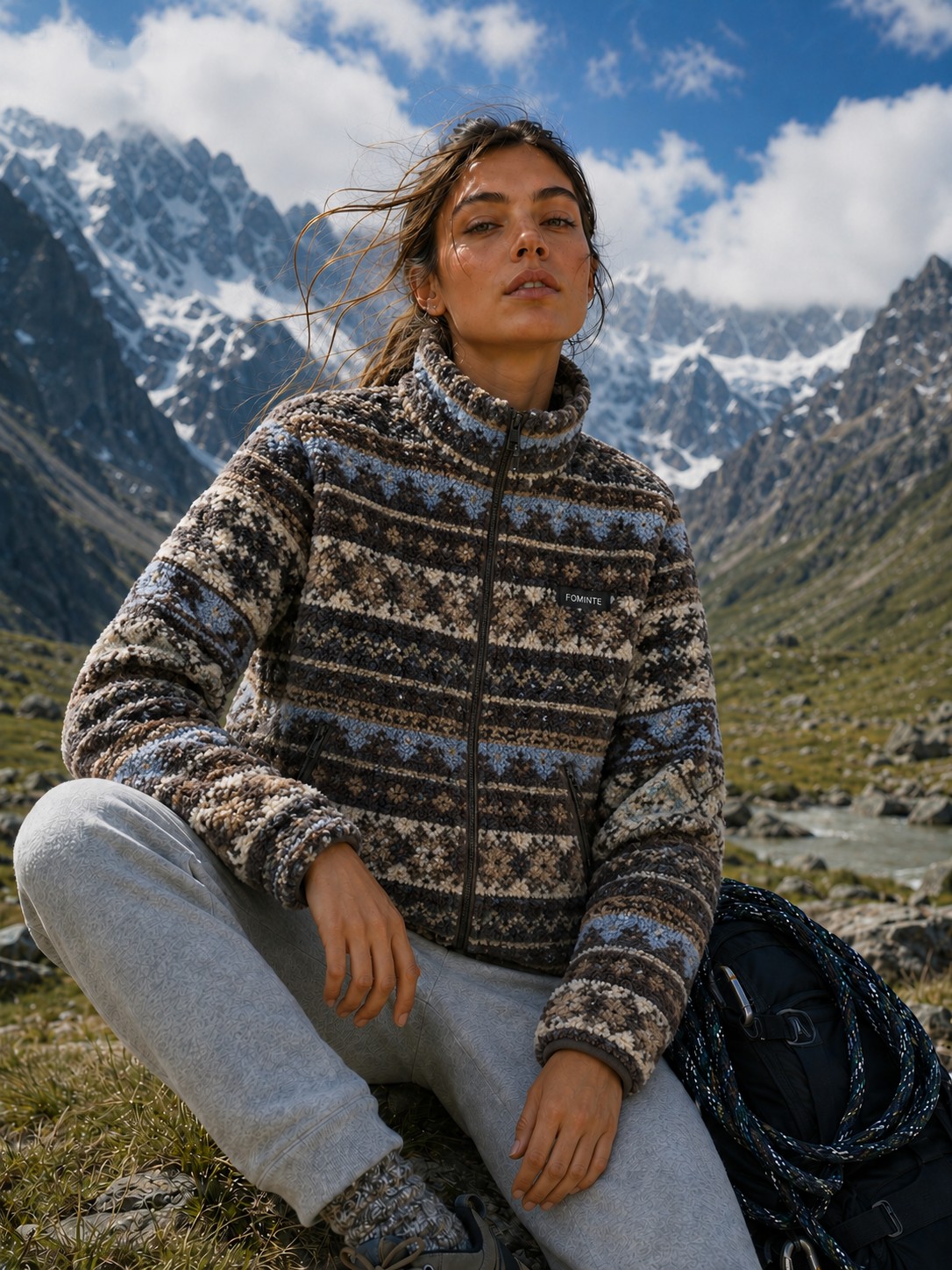 Chaqueta polar estampado nórdico marrón y azul, imagen 4