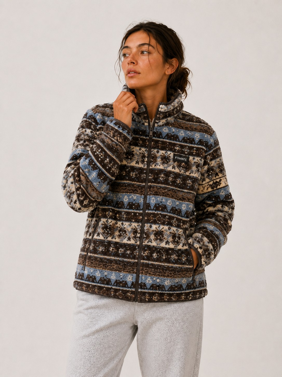 Chaqueta polar estampado nórdico marrón y azul, imagen 5