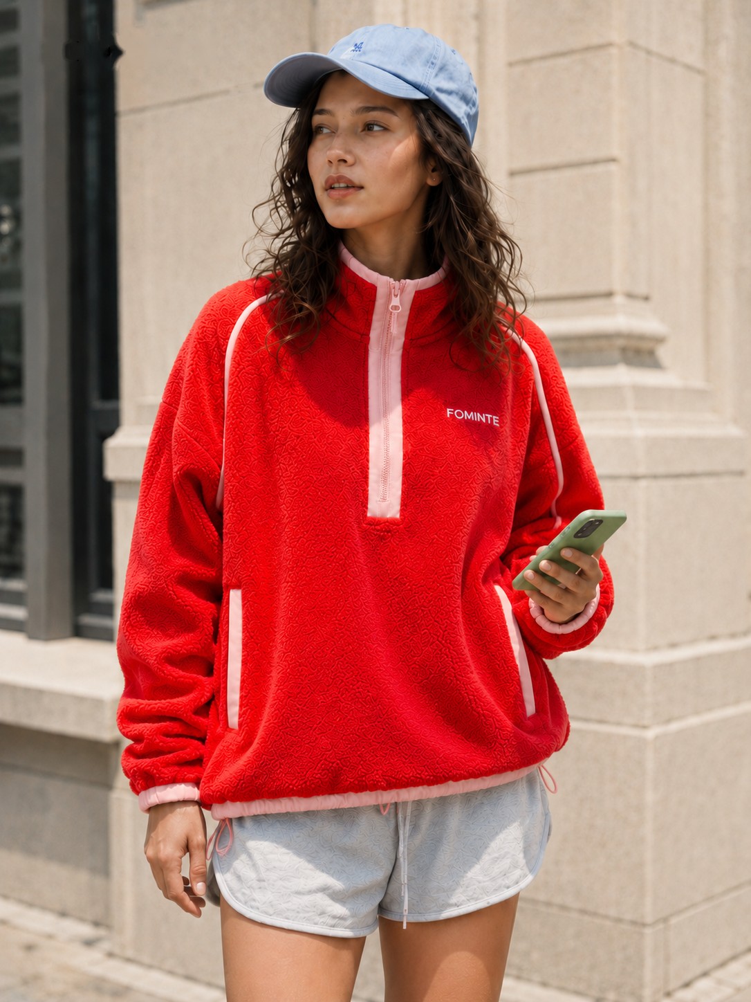 Jersey polar colour block rojo tomate y rosa bruma, imagen 2