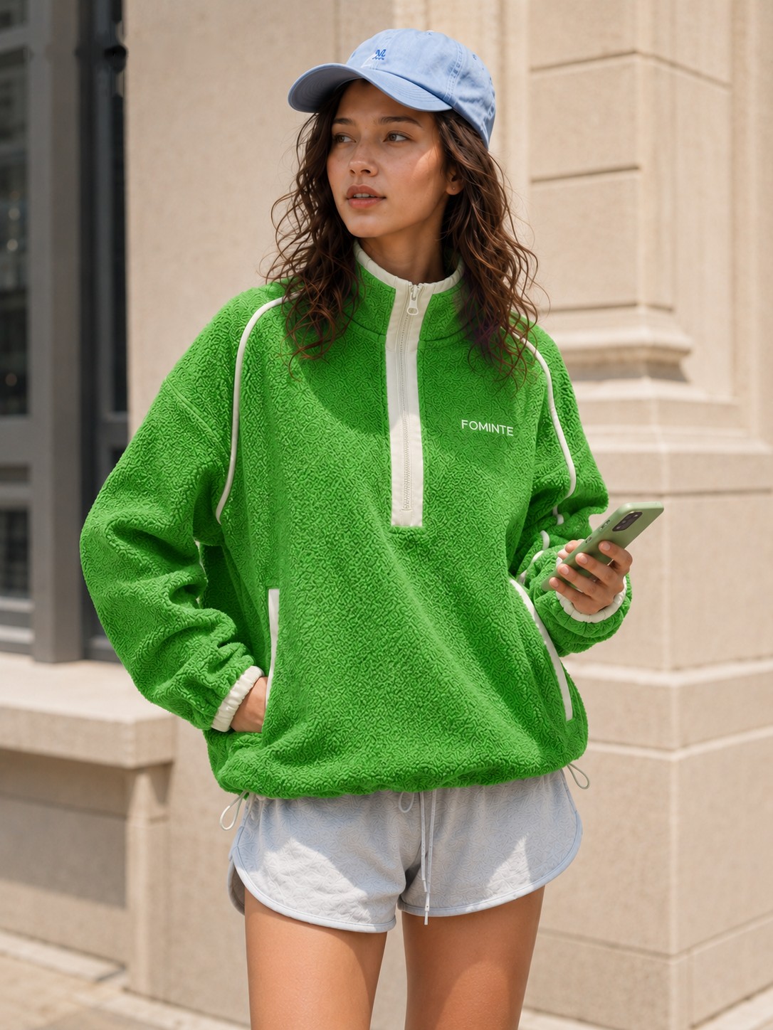 Grass Green and Cream Colour-Block Fleece Jumper, image 2